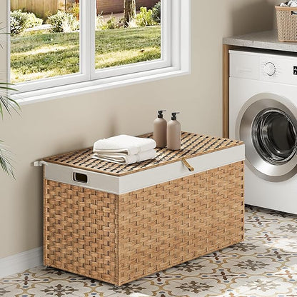 HOOBRO Storage Basket with Lid, 42.3 Gallon (160L) Wicker Basket, Handwoven Blanket Storage Basket with Handles, Metal Frame and Soft Lining, Foldable for Bedroom, Laundry Room, Natural NL216CW01