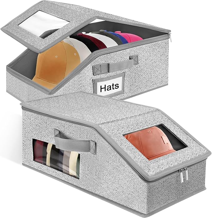 Yotako 2 PCS Stackable Hat Storage for Baseball Caps,Clear Hat Storage Box with Cardboard Holds up to 24 Caps, Baseball Caps Storage Organizer with Hard Lid and Handle Design for Closet Use, Grey