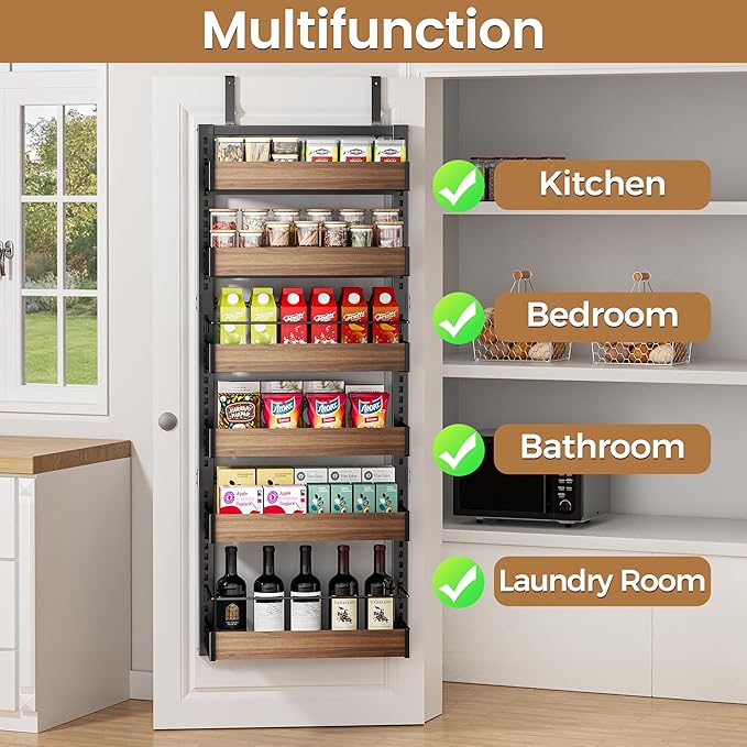 POKIPO 6 Tier Over The Door Pantry Organizer, 2-in-1 Door Hanging or Wall Mounted Spice Rack, Large Heavy Duty Pantry Door Storage Seasoning Shelves with Adjustable Basket for Kitchen Bathroom Closet