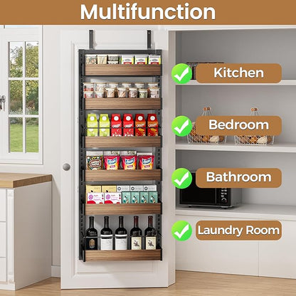 POKIPO 6 Tier Over The Door Pantry Organizer, 2-in-1 Door Hanging or Wall Mounted Spice Rack, Large Heavy Duty Pantry Door Storage Seasoning Shelves with Adjustable Basket for Kitchen Bathroom Closet