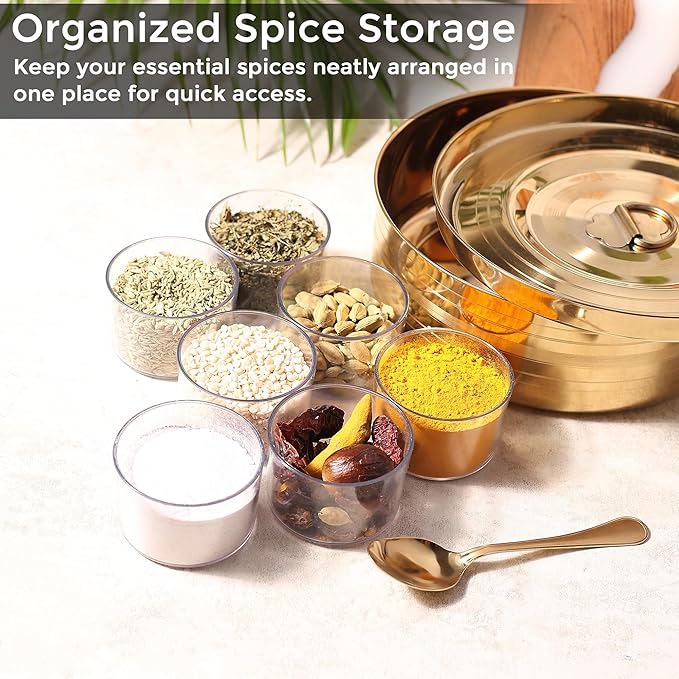 Prarabdh Golden Masala Box Gold Plated Spice Box with spoon for Kitchen