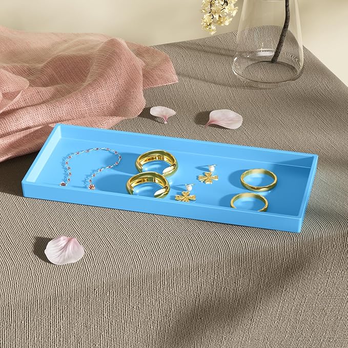 Vanity and Bathroom Tray, 11.8" ABS Countertop Organizer,Waterproof Vanity Tray for Toilet Tank,Perfume,Soap,Keys,Bathroom Accessories,Kitchen and Bath Trays,Non Slip Small Trays,Blue,2 Pack