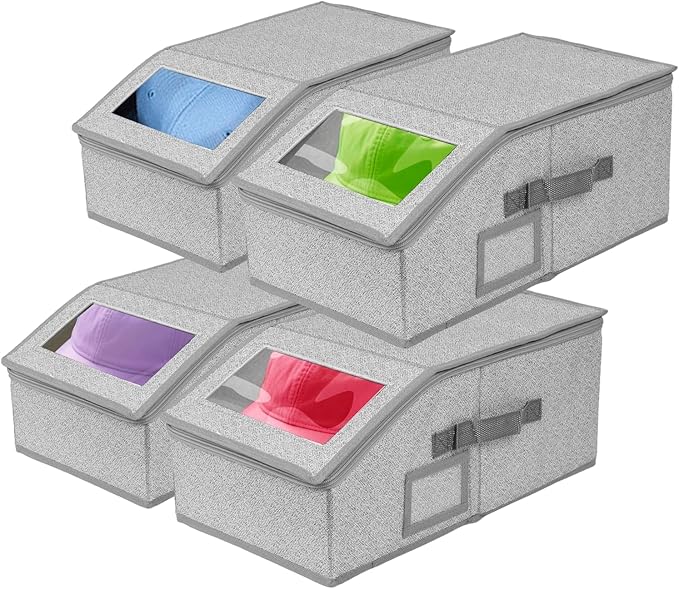 4 Pack Hat Organizer for Baseball Caps, Hat Storage Box, Holds up to 48 Caps, Baseball Cap Organizer for Closet/Shelf, Hats Box Holder | Stackable, Foldable, Clear Lid, Easy-Access,Grey