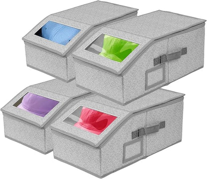 4 Pack Hat Organizer for Baseball Caps, Hat Storage Box, Holds up to 48 Caps, Baseball Cap Organizer for Closet/Shelf, Hats Box Holder | Stackable, Foldable, Clear Lid, Easy-Access,Grey