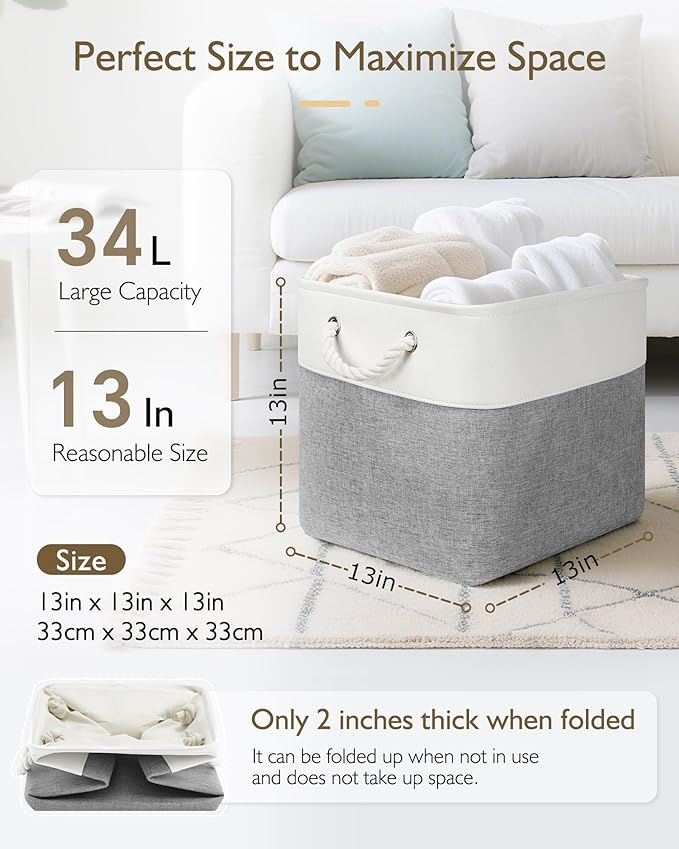 Patvingot 13x13x13 Cube Storage Bins,4 Pack Large Foldable Fabric Storage Cubes with Handles for Organizing Home, Closet, Shelf, Office(White&Gray)
