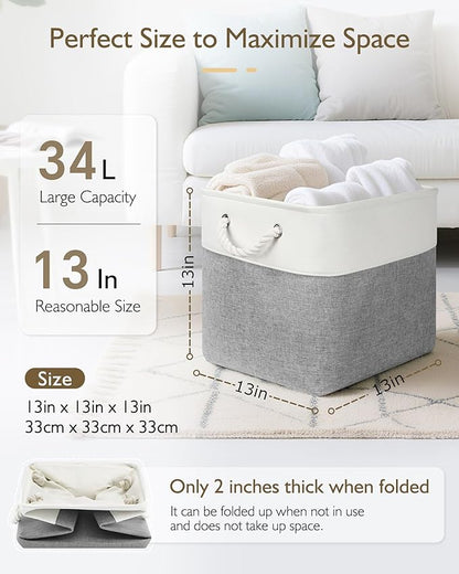 Patvingot 13x13x13 Cube Storage Bins,4 Pack Large Foldable Fabric Storage Cubes with Handles for Organizing Home, Closet, Shelf, Office(White&Gray)