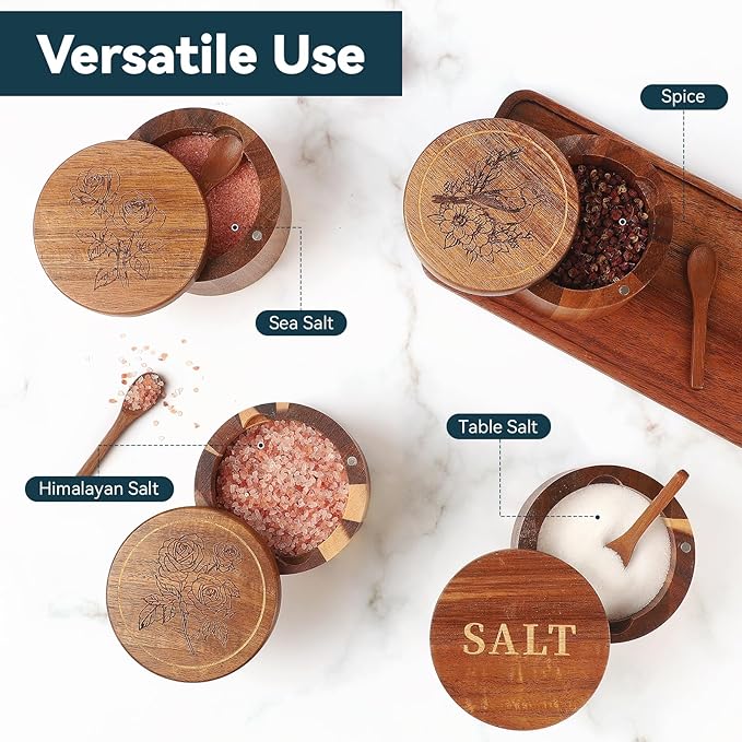 Timtopno Salt Cellar, 2PCS Salt Container Acacia Wood Salt and Pepper Box for Countertop with Built-in Spoon & Swivel Lid, Wood Salt Holder Bowl for Kitchen, Seasoning Storage (Rose & SALT Engraving)