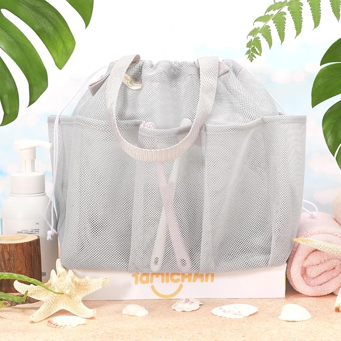 famichan Mesh Shower Caddy Portable with Drawstring, Dorm Room Essentials for College Students, Grey Shower Bag for Camping,Swimming,Gym,Travel,Bathroom