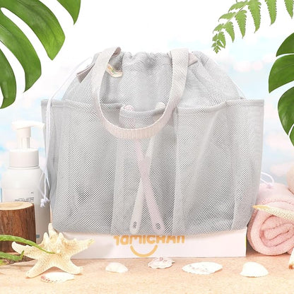 famichan Mesh Shower Caddy Portable with Drawstring, Dorm Room Essentials for College Students, Grey Shower Bag for Camping,Swimming,Gym,Travel,Bathroom