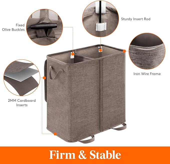 Lifewit Double Laundry Hamper with Lid and Removable Laundry Bags, Large Collapsible 2 Dividers Dirty Clothes Basket with Handles for Bedroom Laundry Room Closet Bathroom College, 136L Brown