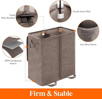 Lifewit Double Laundry Hamper with Lid and Removable Laundry Bags, Large Collapsible 2 Dividers Dirty Clothes Basket with Handles for Bedroom Laundry Room Closet Bathroom College, 136L Brown