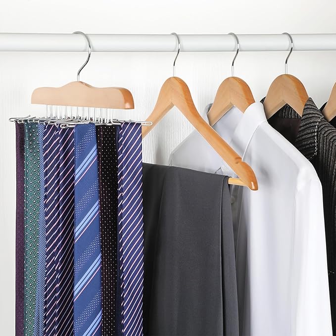 TOPIA HANGER Tie Rack Hanger for Closet 2 Packs, Wooden Tie Organizer for Men with 24 Folding Hooks, Space Saving Necktie Holder for Storage and Display Bra, Tank Top, Camisole (Natural) - CT14N-2