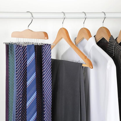 TOPIA HANGER Tie Rack Hanger for Closet 2 Packs, Wooden Tie Organizer for Men with 24 Folding Hooks, Space Saving Necktie Holder for Storage and Display Bra, Tank Top, Camisole (Natural) - CT14N-2