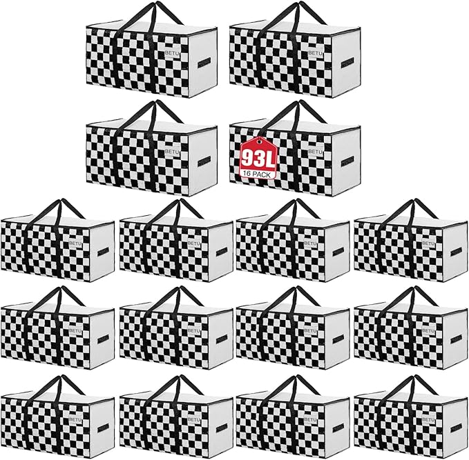 BETU 16 Pack Moving Bags Moving Storage College Dorm Camping Packing Travel PE Heavy Duty, Sturdy Handle, Zipper Large Storage Tote Bag Moving Boxes Box Alternative - White Plaid 29L x 15W x 15H