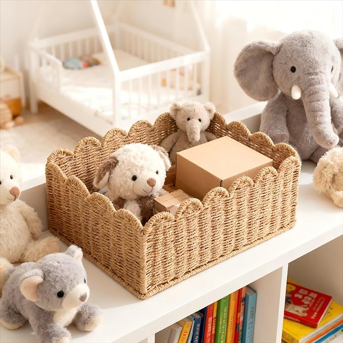 Scalloped Basket, Wicker Storage Baskets, Hand Woven Baskets for Shelves,Natural Baskets for Organizing (M-14" L x 10.5" W x 6" H)