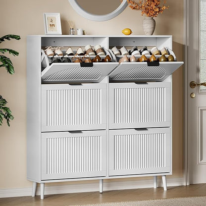 Xixini Shoe Storage Cabinet with 6 Flip Drawers, 50" Tall Narrow Wood Fluted Shoe Organizer for Entryway, Freestanding Wooden Hidden Slim Shoe Rack for Front Door Entrance, Hallway, Foyer, Solid White