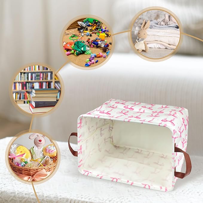 Pink Bow Storage Basket Waterproof Canvas Toy Storage Bin Coquette Room Decor Collapsible Outdoor Basket with Leather Handles Pink Bow Room Decor Blanket Baskets For Closets,Bedrooms,Gifts Baskets