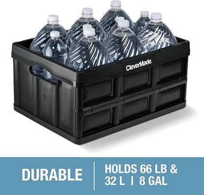 CleverMade Collapsible Storage Bins - Black 3 Pack 32L - Stackable Containers Heavy Duty Capacity Folding Crates - Space-Saving for Home