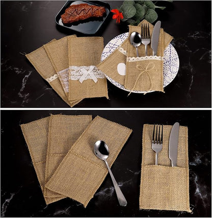 uxcell Burlap Lace Utensil Holders, 10Pcs Knife Forks Napkin Silverware Holder Bag Cutlery Pouch for Wedding Party Decoration