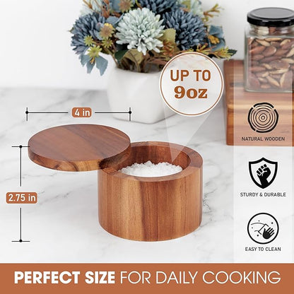Demigo Acacia Salt Cellar 9 Ounces Capacity, Wood Salt Box With Swivel Cover, Spice Keeper, Wood Jar For Kitchen, Perfect For Keeping Table Salt, Gourmet Salts, Herbs or Favorite Seasonings