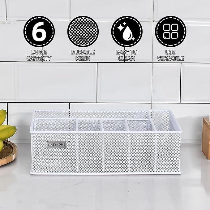 VIKEYHOME Paper Plate Organizer, Metal Silverware Caddy with 6 Compartments for Knives, Spoons, Cups, Forks, Napkins, Utensil Holder for Party, Camping, Picnic, White