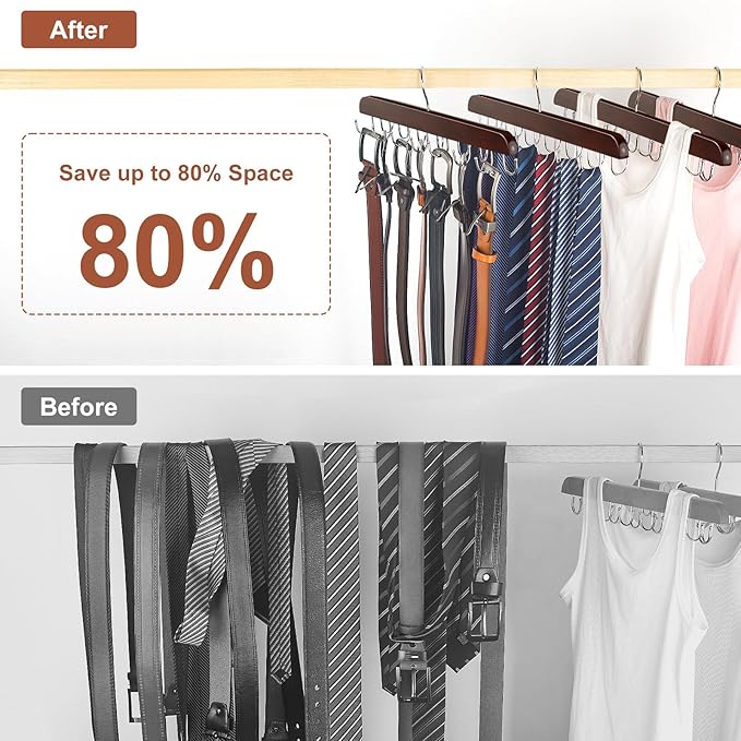 Belt Hanger for Closet, Sturdy Wood Belt Rack Closet Accessories with 14 Hooks Belt Organizer for Closet Organizers and Storage Max 42 Belts-Mahogany 2 Pack
