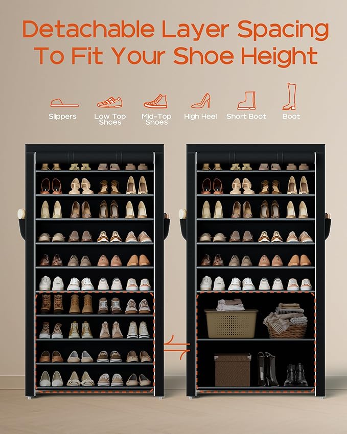 CASAMAYA Shoe Rack with Covers, 10 Tiers Tall Shoe Rack Organizer, Large Capacity Shoe Shelf Storage, Hold 40 Pairs of Shoes, Vertical Shoe Storage Organizer for Closet, Entryway, Black, SRT104B01