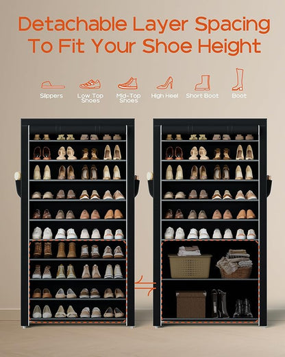 CASAMAYA Shoe Rack with Covers, 10 Tiers Tall Shoe Rack Organizer, Large Capacity Shoe Shelf Storage, Hold 40 Pairs of Shoes, Vertical Shoe Storage Organizer for Closet, Entryway, Black, SRT104B01