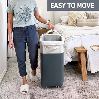 Goodpick Laundry Baskets 2-Pack, 75L Hamper with Wheels, Foldable Laundry Baskets with Removable Wash Bags, Rolling Laundry Hamper for Corner Dorm, Slim Laundry Basket, Grey&White
