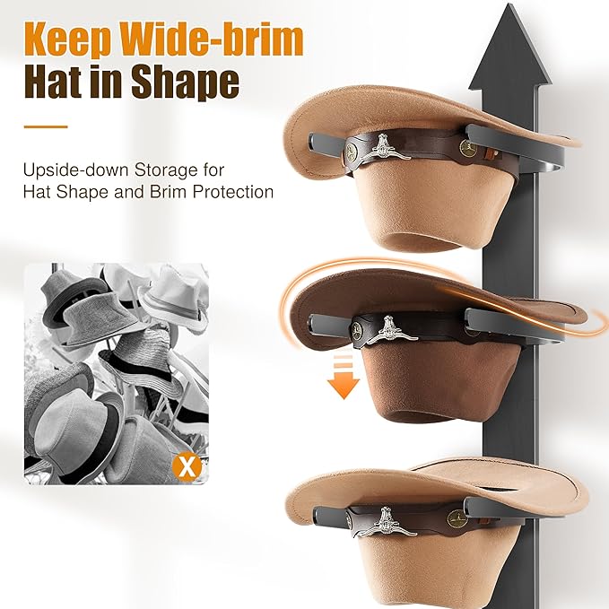 Cowboy Hat Rack, Cowboy Hat Holder Wall Mount Holds up to 4 Hats, Wooden Western Rustic Metal Cow boy Hat Hanger with Arrow Sign Board, Hat Rack for Western Hats, Fedora, Sun Hats (Black-1 Pack)