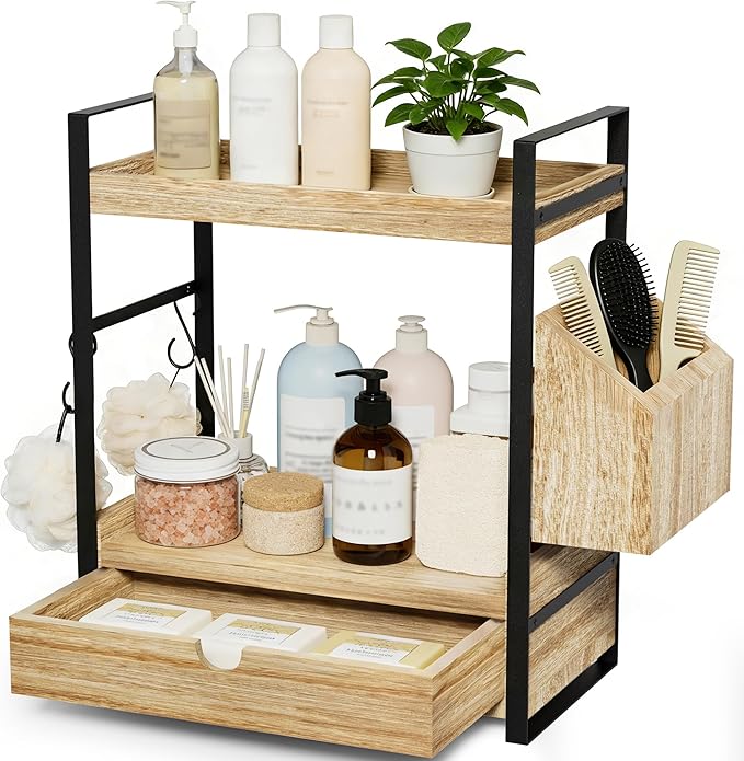 Kottwca 2-Tier Bathroom Counter Organizer with Drawer, Basket & Hooks, Wooden Vanity Shelf for Skincare, Perfume & Makeup Storage(Light Brown)