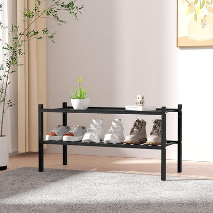 ROMGUAR CRAFT 2 Tier Bamboo Shoe Rack for Closet Free Standing Wood Shoe Shelf for Entryway Small Space Stackable 27"x11"x13" (Black)