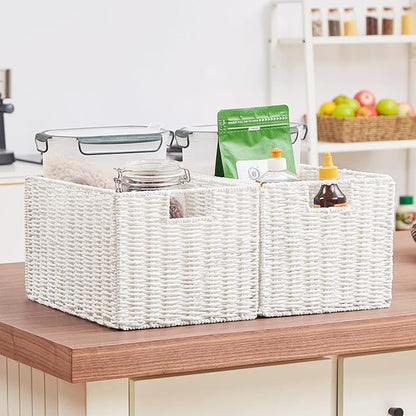 Vagusicc Wicker Storage Basket, Set of 2 Hand-Woven Paper Rope Wicker Basket, Small Storage Baskets for Organizing Toilet Paper Basket, Foldable Large Cube Storage Organizer Bins for Shelves (White)