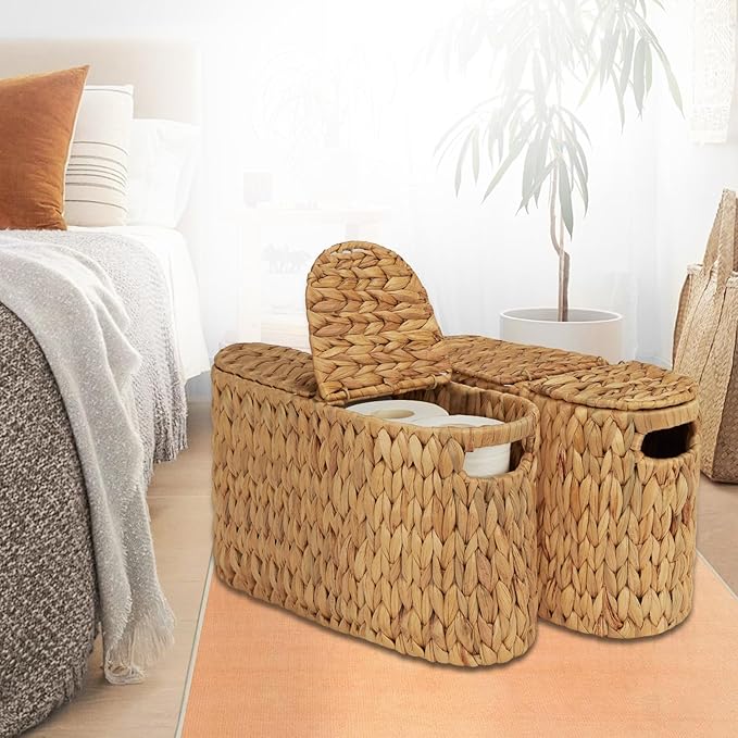 Toilet Paper Basket with Lid for 6 Rolls, Water Hyacinth Wicker Toilet Paper Storage Holder, Toilet Paper Storage for Bathroom
