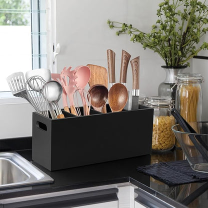 ALELION Large Utensil Holder with Removable Divider - 4 Compartment Wooden Utensil Caddy Organizer for Kitchen Counter - Black Cooking Utensil Crock for Countertop