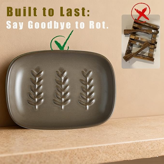 Miamolo Soap Dish Soap Holder Shower, Ceramic Soap Dishes for Bar Soap Sponge, Farmhouse Shower Soap Dish, Large Soap Saver Tray for Bathroom Kitchen Sink, Easy Cleaning, Extend Soap Life, Brown