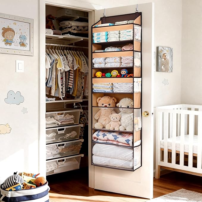 5 Tiers Over Door Organizer with 10 Mesh Side Pockets, 44 lbs Weight Capacity Hanging Storage Organizer with Clear Window Kids Toys, Shoes, Diapers, Brown