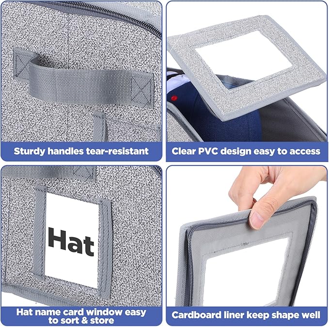 4 Pcs Stackable Hat Organizer for Baseball Caps, Grey Storage Box with Clear Window Lid, Holds up to 48 Caps, Space Saving Closet Organizer for Snapbacks, Foldable and Breathable Design