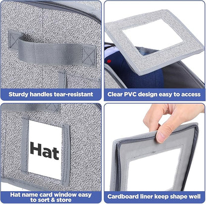 4 Pcs Stackable Hat Organizer for Baseball Caps, Grey Storage Box with Clear Window Lid, Holds up to 48 Caps, Space Saving Closet Organizer for Snapbacks, Foldable and Breathable Design