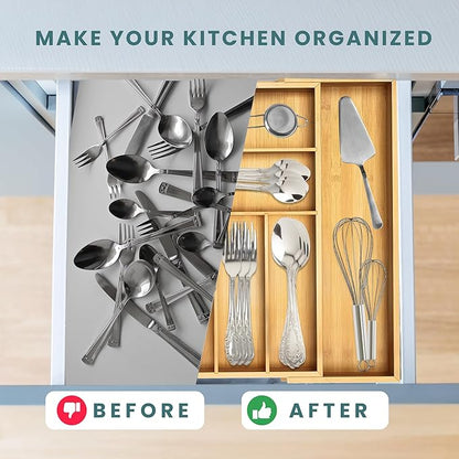 Sben Expandable Drawer Organizer for Utensils Holder, Adjustable Cutlery Tray, Wood Drawer Dividers Organizer for Silverware, Flatware, Knives for Kitchen (Bamboo, Medium)