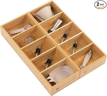 KitchenEdge Premium Kitchen Utensils and Junk Drawer Organizer – Small 5-Compartment Design with 4 Removable Dividers, Non-Slip Feet, 100% Sustainable Bamboo, 2 Pack
