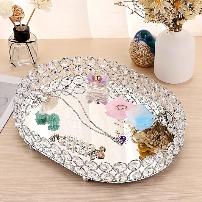 Hipiwe Crystal Vanity Tray Mirrored Dresser Perfume Trays for Makeup Tray Cosmetic Skin Care Storage, Jewelry Trinket Organizer Tray for Bathroom Countertop Home Decor (Medium, Silver)