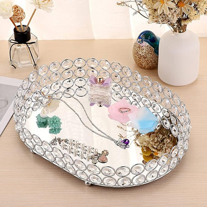 Hipiwe Crystal Vanity Tray Mirrored Dresser Perfume Trays for Makeup Tray Cosmetic Skin Care Storage, Jewelry Trinket Organizer Tray for Bathroom Countertop Home Decor (Medium, Silver)