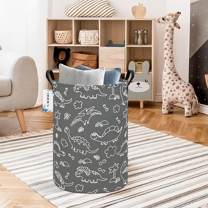 Round Cute Dinosaur Laundry Basket,Collapsible Laundry Hamper for Nursery,Toy Storage Bin for Kids Boys,Waterproof Storage Basket for Home,Bedroom, Playroom,New Parent Gift(Gray Line Dinosaur)