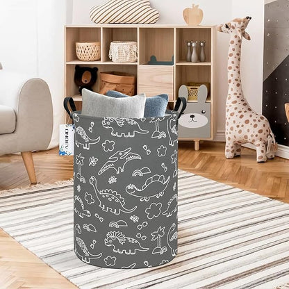 Round Cute Dinosaur Laundry Basket,Collapsible Laundry Hamper for Nursery,Toy Storage Bin for Kids Boys,Waterproof Storage Basket for Home,Bedroom, Playroom,New Parent Gift(Gray Line Dinosaur)