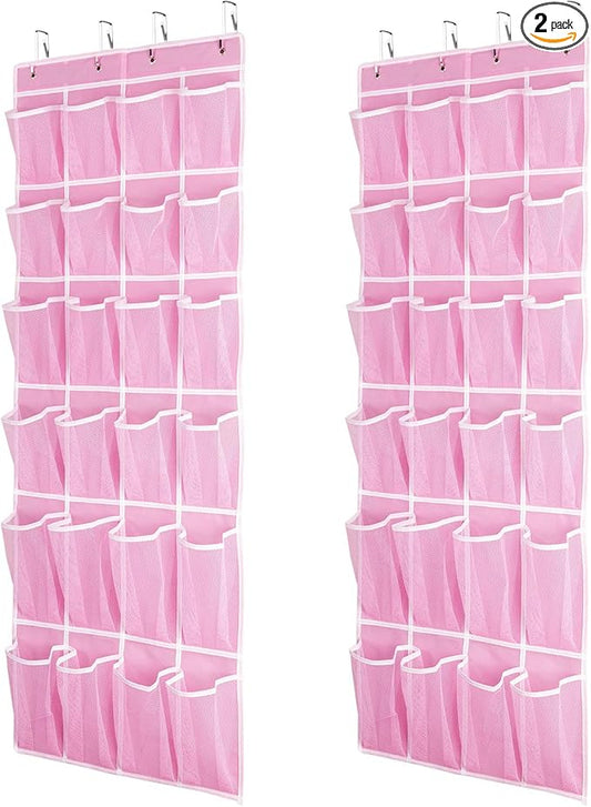 SAVERHO 2 Pack Hanging Shoe Organizer，Over Door Shoe Organizer with 24 Mesh Large Pockets Shoe Storage Bag for Sport Shoes Size:58x21 Inch Hanging Door Shoe Rack Organizer (Pink-2pack)