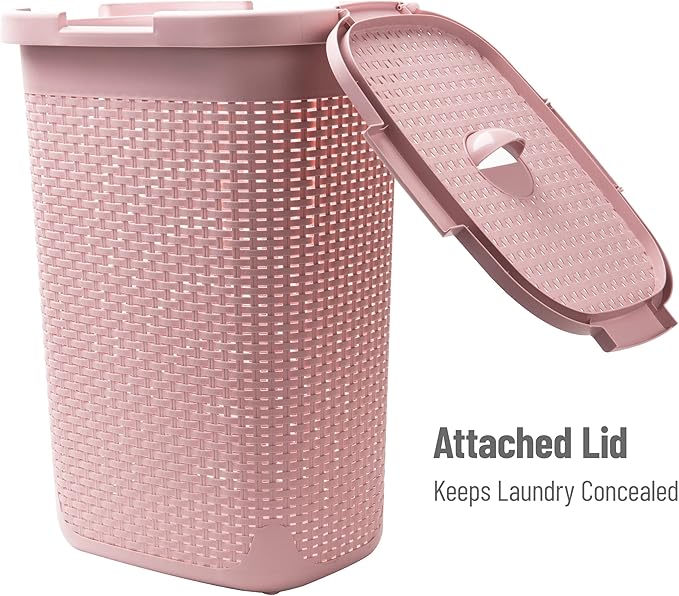 Mind Reader Slim Laundry Hamper with Lid, 60L Tall Clothes Basket, Narrow Tapered Design for Bathrooms, Closets and Laundry Rooms, Plastic, Pink