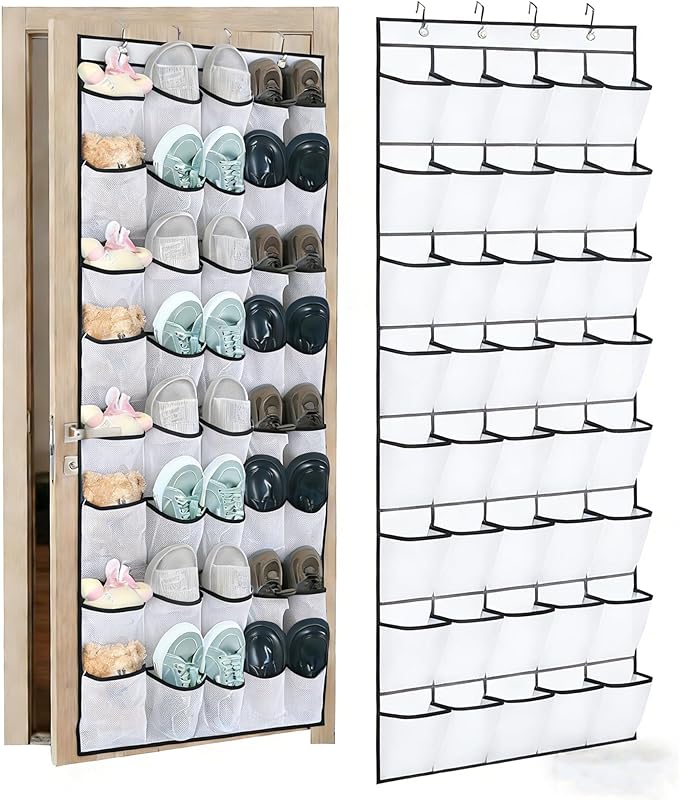 Over the Door Shoe Organizer, 40 Large Mesh Pockets Hanging Shoe Rack for Door, Space Saving Shoe Storage Organizer for Closet, Bedroom, Entryway, White