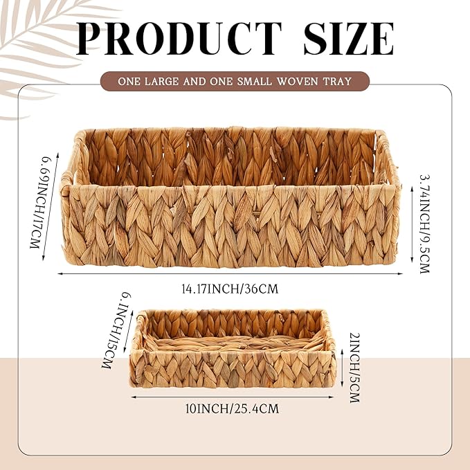 2 Pcs Toilet Paper Basket for Back of Toilet Wicker Water Hyacinth Basket Topper and Vanity Tray Set with Built-in Handles for Paper Hand Towel, Bathroom, Home, Spa(Light Brown)