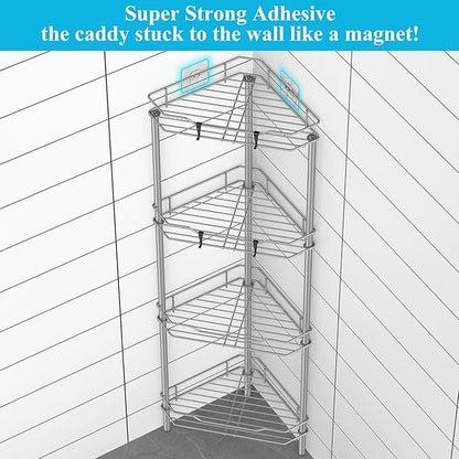 HuggieGems 4 Tier Floor Standing Corner Shower Caddy Organizer Shelf with Hooks, Bathroom Shelves Stand Rack, Gray
